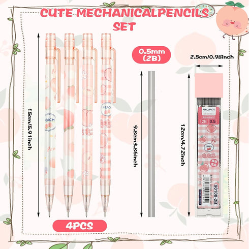 Pink Peach Mechanical Pencil Set, 4pcs Cute Mechanical Pencils with A Tube of 0.5MM Pencil Refills & Top Erasers Aesthetic School Supplies Back to School Gift for Kids Students by Mabor
