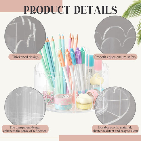 Lerheedi 9 360 Scalloped Acrylic Pencil Holder Desk Organizer with Compartments Degree Rotating Pencil Organizer