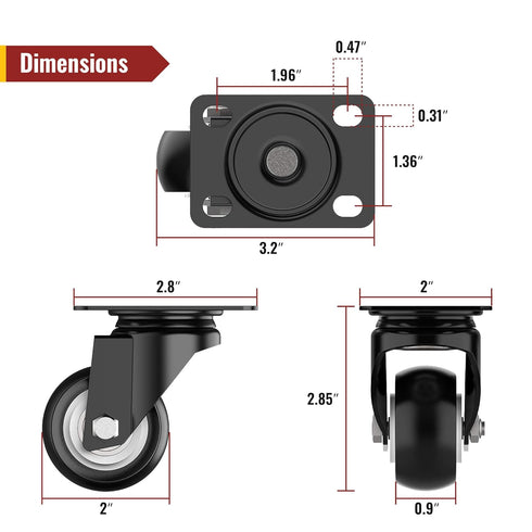 2 Inch Swivel Caster Wheels - Heavy Duty Casters Without Brake, Total Capacity 600lbs (Pack of 4)