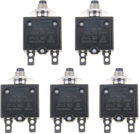 5Pcs 25A Push Button L1 Series Manual Reset Thermal Circuit Breaker, 125-250V AC, 50V DC