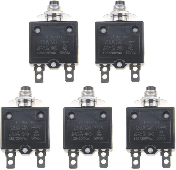 5Pcs 25A Push Button L1 Series Manual Reset Thermal Circuit Breaker, 125-250V AC, 50V DC