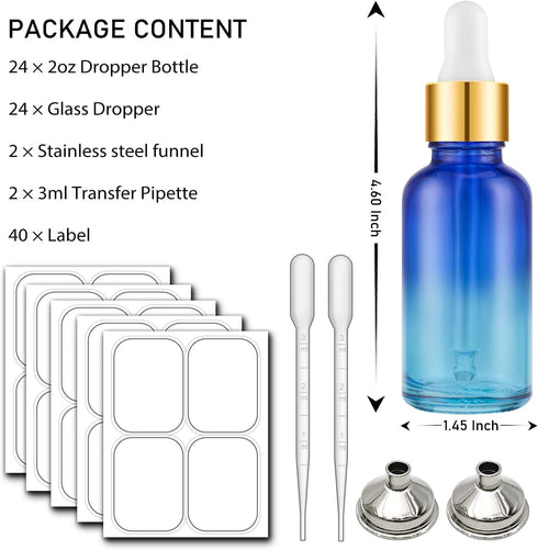 2 oz Glass Dropper Bottles with Golden Top Cap, 24 Pack Tincture Bottle with Labels and Funnel for Essential Oils