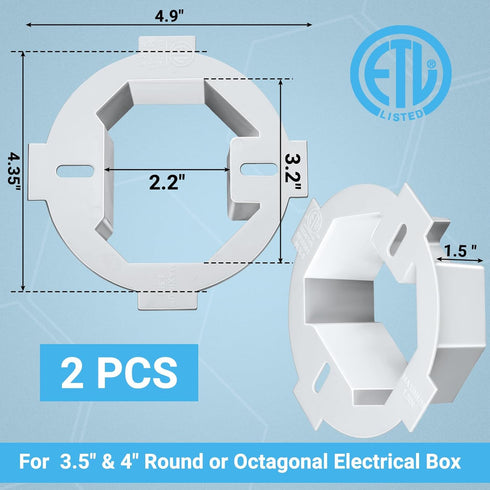 2 Pcs Round Electrical Box Extender Ceiling Box Extender 4.35 Inch x 1.5 Inch Plastic Ceiling Outlet Light Box Extender for 3.5 Inch 4 Inch Round or Octagonal Electrical Boxes, White