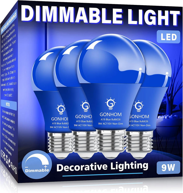 4 Pack A19 LED Blue Light Bulb, 9 Watt, 100 Watt Equivalent, E26 Base, Colored Light Bulbs for Party Decoration