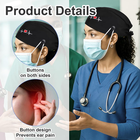 Heclia 2Pcs Scrub Caps Women, Nursing Hats with Buttons & Sweatband Adjustable Bouffant Working Cap Surgery Cap Women