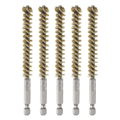 5Pcs Bore Brush Brass 10mm Dia Cleaning Twisted Bronze Wire Brush with Handle, 1/4 Inch Hex Shank