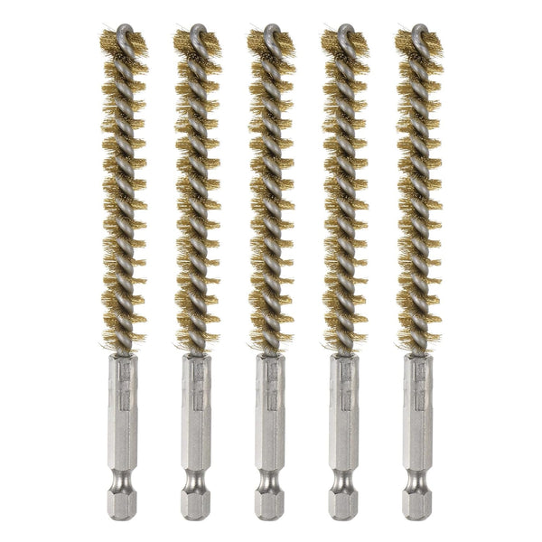 5Pcs Bore Brush Brass 10mm Dia Cleaning Twisted Bronze Wire Brush with Handle, 1/4 Inch Hex Shank