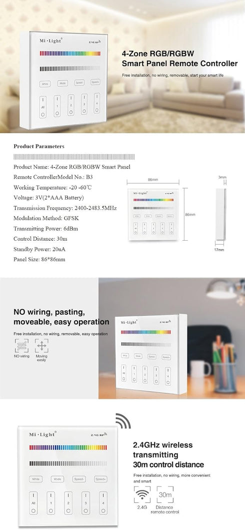 B3 4 Bulb,Strip FUT037 FUT038 LGIDTECH Wireless Zones RGB/RGBW Wall Mounted Smart Panel Controller Powered by AAA