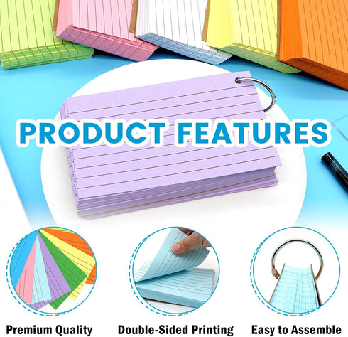 800 3x5 Inches PCS Index Cards Colored Flash Cards with Ring, Punched Lined Flashcards Ruled Index Cards Notecards