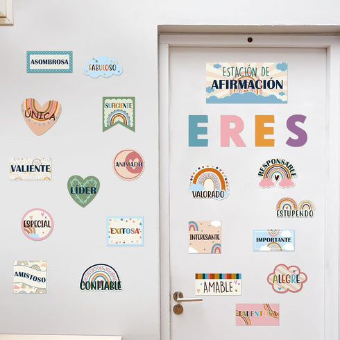 Boho Affirmation Station Spanish Bulletin Board Set, Rainbow Motivational Classroom Decorations for Teachers