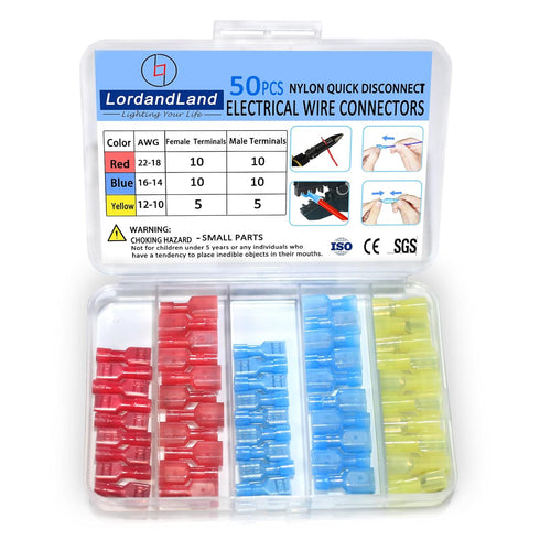 50PCS Nylon Spade Quick Disconnect Connectors Kit 22-10 AWG Male and Female Electrical Wire Crimp Terminals