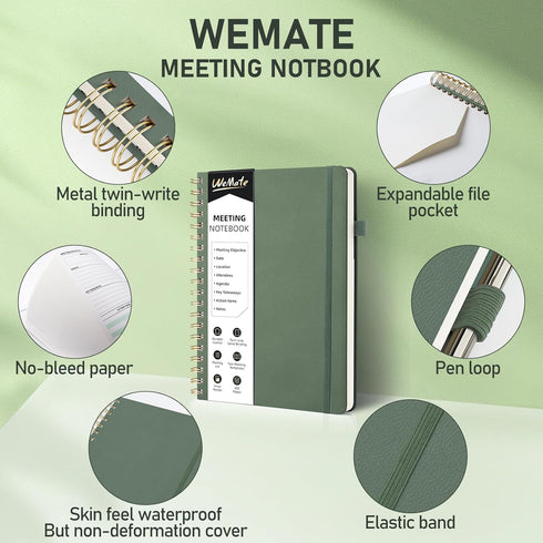 WEMATE Simplified Meeting Notebook for Work, 200 Pages, Office Supplies for Project Planner, PU Leather Hardcover