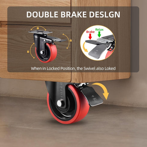Casters Set of 4 Heavy Duty 4 Inch Caster Wheels with Brake, 2200Lbs Capacity, Silent Swivel Rubber Wheel