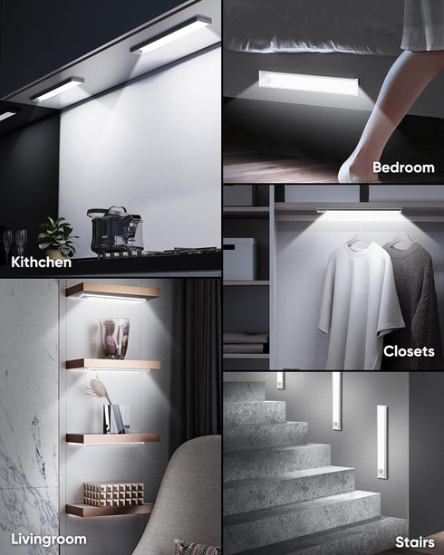 10 Inch 2200mAh Closet 6500K Dimmable Counter 3 Packs Under Cabinet Lighting, LED Battery Operated Rechargeable Motion