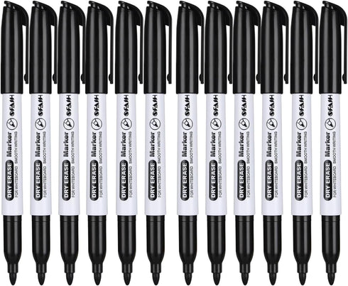 Fine Tip Dry Erase Markers, 12 Pack Black Whiteboard Erasable Markers for Kids Adults, Ideal for Classroom School Office