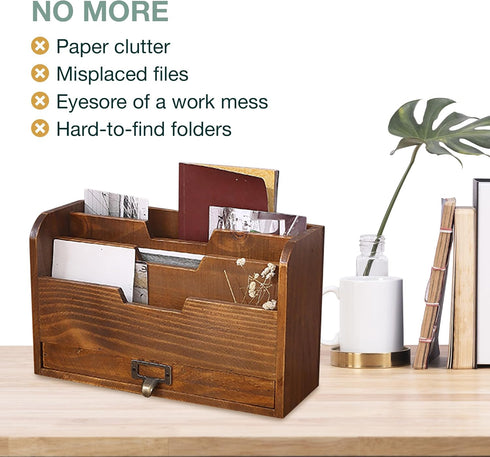 Mahogany Wood Wood Desktop File Organizer - Vertical Folder Sorter with 3 Document Compartments & 1 Paper Tray Drawer