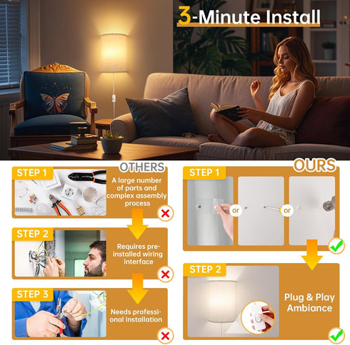 Set 2 Dimmable 3 Shenmoyl Plug in Wall Sconces of - Light Modes, Soft Fabric Linen Shade, Easy Install Wall Lamp