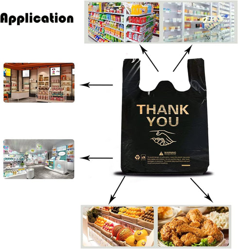 50 pcs Thank You Plastic Grocery Bags, Reusable T Shirt Bags for Store Shopping, Black