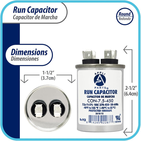 Appli Parts Run Capacitor for ac 7.5 Mfd uF (microfarads) 370 VAC or 450 VAC CBB65 Round Universal fit for hvac and other applications 2-1/2 in High 1-1/2 in Wide CON-7.5-450