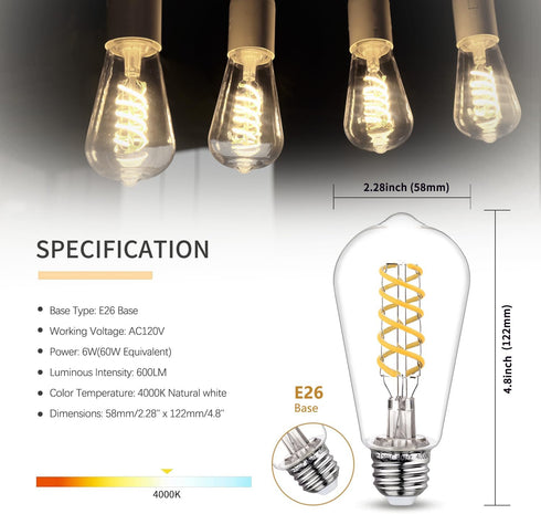 6 PCS Dimmable Vintage LED Edison Bulbs, 6W Equivalent 60 Watt, Natural White 4000K, Antique Flexible Spiral LED Filament Light Bulb, ST58 (ST19), 600 Lumens, E26 Base, Clear Plastic by Austin Coast
