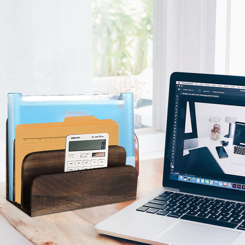 File Holder for Desk, Rustic Wood Paper Organizer, Mail Sorter for Desktop, Dark Brown