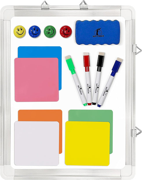 Whiteboard Set - White Board 15 x 12" with 1 Dry Erase Eraser, 4 Dry Wipe Markers, 4 Magnets and 6 Magnetic Labels - Small Wall Hanging Reminder Magnetic Board for Home, Office, Cubicle and Desk by Navy Penguin