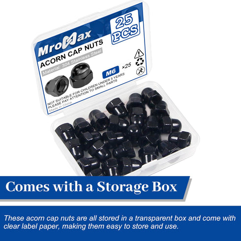 MroMax 25Pcs M6 M6-1.0 304 Steel(18-8) Black Acorn Cap Nuts, Cap Nuts, Stainless Dome Head Hex Nuts, Black Oxide