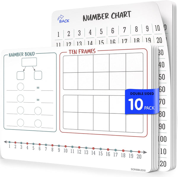 SCRIBBLEDO Number Bonds 9” x 12” Small White Board Dry Erase Sheets, Math Manipulatives Number Chart, Ten Frame Number