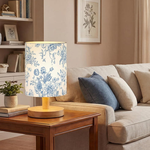 VIHOSE Blue Floral Kids Table Lamp for Bedroom Kids Bedside Lamp with Linen Wooden Nightstand Cartoon Nursery Lampshade