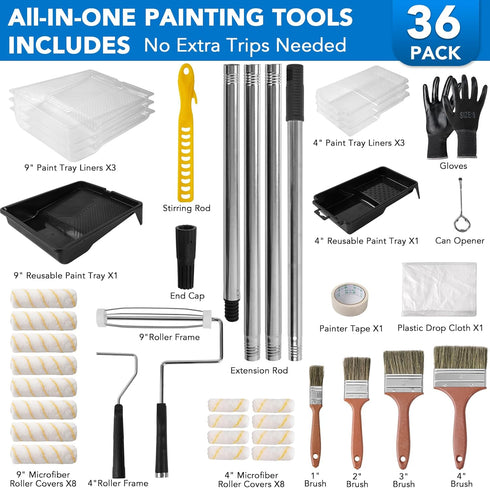 36PCS 4-Section 9''& 4''Roller SOUTHGATE Paint Roller Kit with Pole, Trays, Heavy-Duty Frames, Microfiber Paint