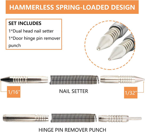 2-Piece Dual Head Nail Setter and Hinge Pin Punch Set, Hammerless 1/32 & 1/16 Spring Nail Set, 5000 PSI Striking Force Door Pin Removal Tool