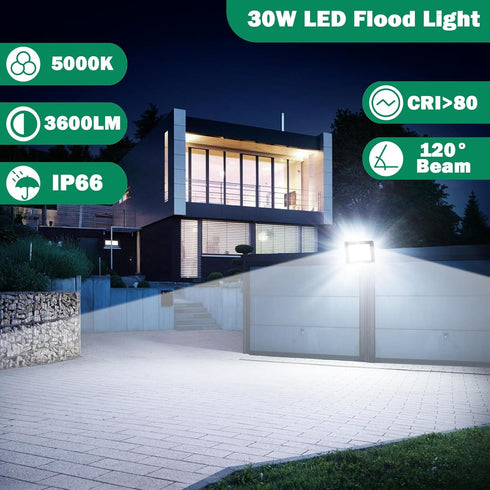 30W IP66 5000K 3600LM 6ft LED Flood Light Outdoor, Waterproof Daylight White Super Brighter Work Light with Cord