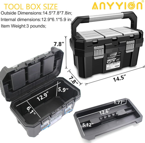 13 inch Toolbox, Size:12.9"Lx6.1"Wx5.9"H) Anyyion Small Tool Box with Removable Tray, Truly Strong and Durable