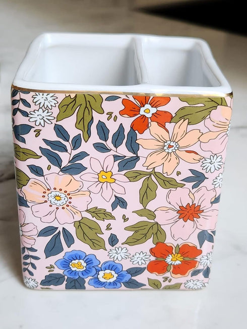 Ceramic Pen Pencil Holder, Makeup Brush Organizer with 2 Compartments, Floral Multi-functional Storage Caddy, Pink