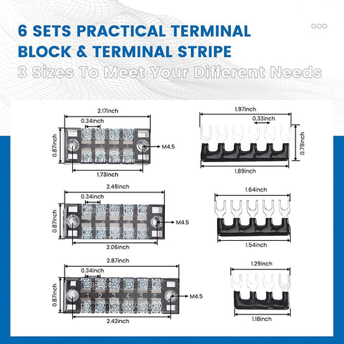 6 Sets Terminal Blocks, 6Pcs 4/5/6 Positions 600V 15A Dual Row Screw Terminal Strip Block + Insulated Terminals