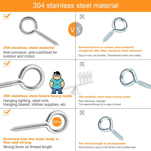 20pcs 2” 304 Stainless Screw Eyes - Small Eyelet Screws Heavy Duty Hook Lag Thread Eyebolt (20 pcs 2")