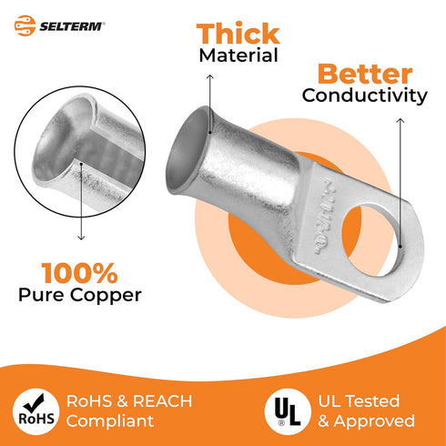 SELTERM 15pcs 2/0 AWG 1/2" Stud UL Marine Grade Battery Terminal Connectors, Tinned Copper Cable Lugs