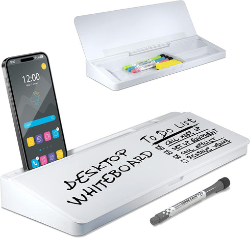 Desktop Whiteboard, Glass Dry Erase White Board, Desk Computer Buddy with Phone & Tablet Slot, Includes 4 Markers, 1