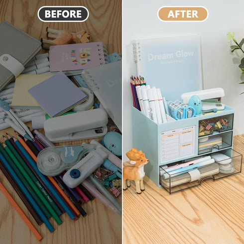 Desk Organizer with 3 Drawer - Multi-Functional Pencil Pen Holder for Desk, 5 Compartments for Office Home Art Supplies