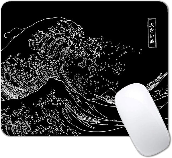 IMAYONDIA Japanese Great Wave Mouse Pad, Black Anime Gaming Mousepad, Non-Slip Rubber Base, 9.5 x 7.9 Inch