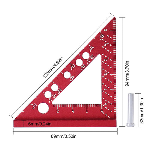 Small Carpenter Square, 90 Degree Woodworking Measuring Tool with Fixed Miter Angle Pin (Red)