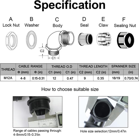LeMotech M12 Cable Gland, 90 Degree Adjustable 4-8mm Strain Relief, Cord Connectors Nylon Joints with Gaskets, 2 Pcs, Black