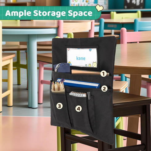 Chair Pockets Black - 12 Pcs, 14 x 13 Inch Chairback Buddy Pocket Classroom Organizer with Name Slot