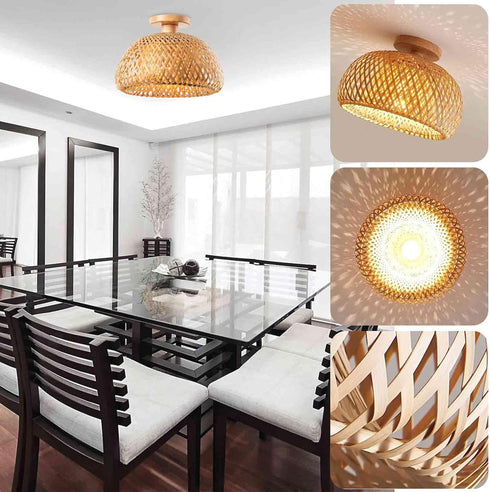 YeLEEiNO Ceiling Lights, Rattan Semi Flush Mount Ceiling Light, Mini Bamboo Ceiling Light Fixture, Handmade Boho Rattan