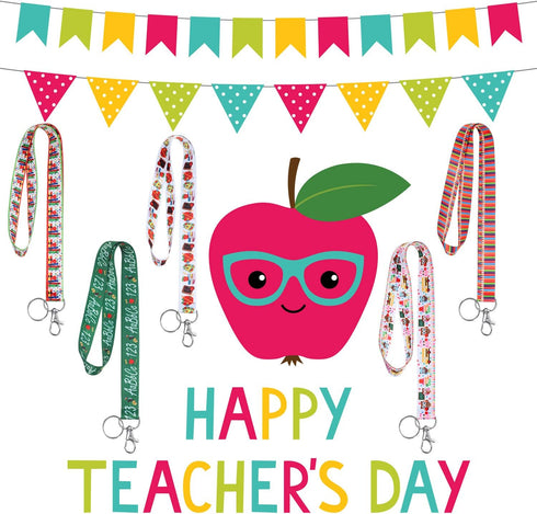 Outus 5 Pieces Teacher Lanyard Keychain with ID Badge Holder for Women, Novelty Education Themed Lanyards