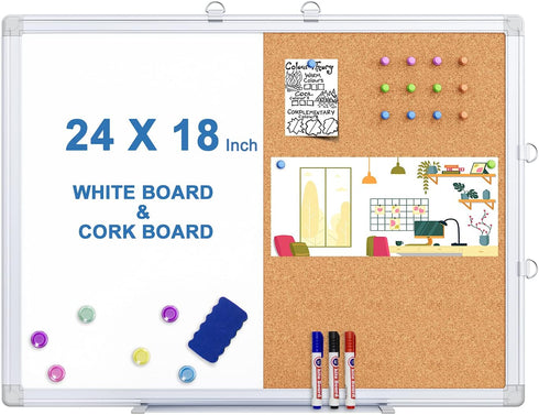 Magnetic White Board and Cork Board Combo, 24 x 18 Inches, Wall Mounted Dry Erase Bulletin Board for Home, School,