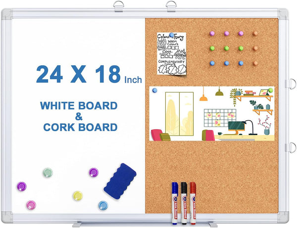 Magnetic White Board and Cork Board Combo, 24 x 18 Inches, Wall Mounted Dry Erase Bulletin Board for Home, School,