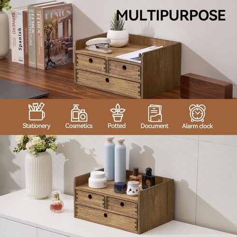 KIRIGEN Desk Organizer with Drawers - Wooden Storage Box with Trays for Office Supplies, Dark Brown