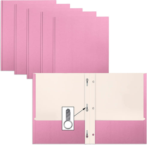 Better Office Products Pink Paper 2 Pocket Folders with Prongs, 50 Pack, Letter Size with 3 Metal Prong Clips