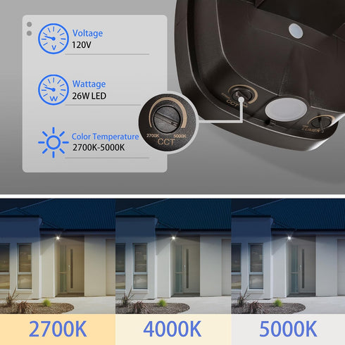 26W 1 Flood Lights Outdoor, CCT Integrated LED Security Light Fixture, Head Exterior LED Outdoor Light with Dusk